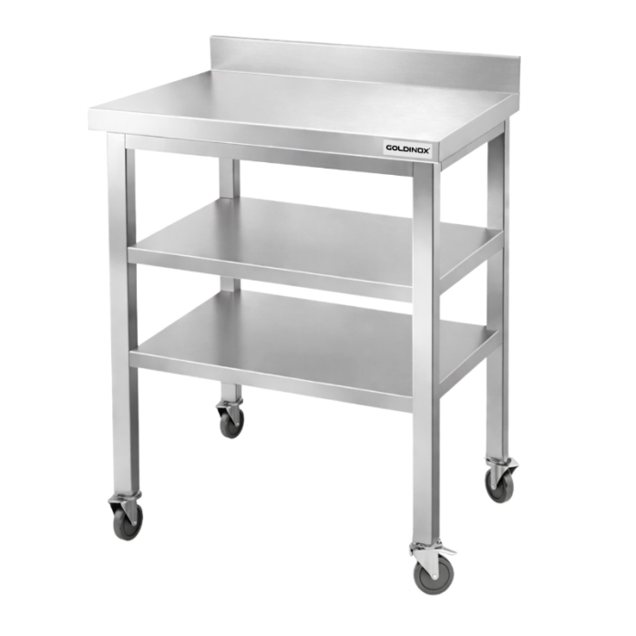 Table de travail en inox Bar 800x700 mm avec 2 étagères inférieures et dosseret sur roulettes PREMIUM - GOLDINOX