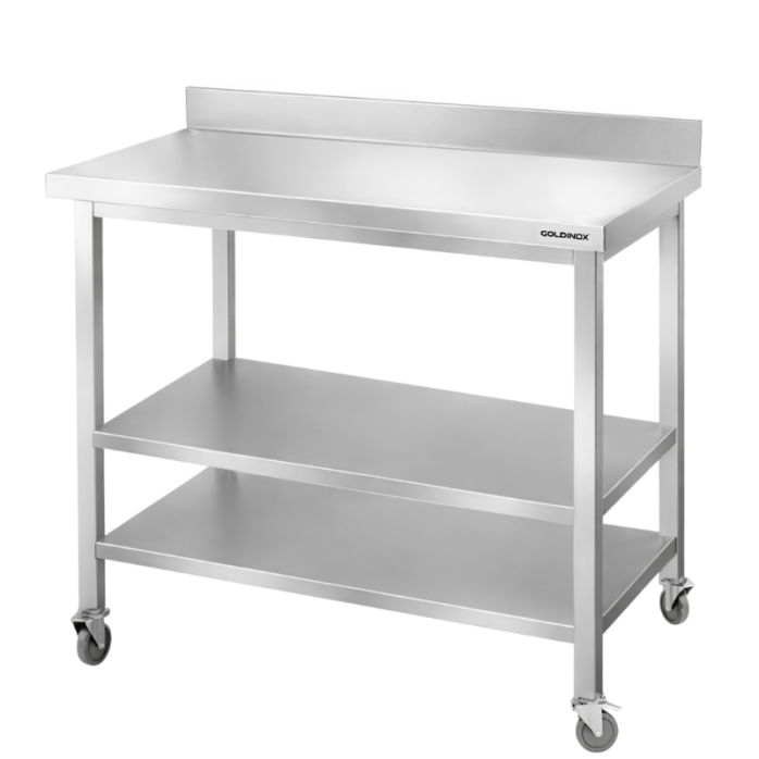 Table de travail en inox Bar 1000x600 mm avec 2 étagères inférieures et dosseret sur roulettes PREMIUM - GOLDINOX