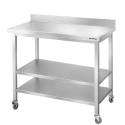 Table de travail en inox Bar 1200x700 mm avec 2 étagères inférieures et dosseret sur roulettes PREMIUM - GOLDINOX