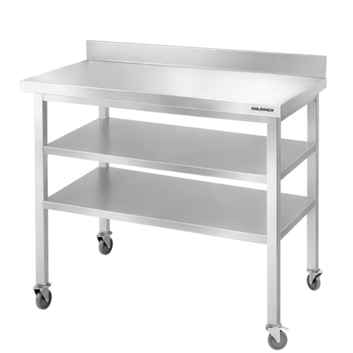 Table de travail en inox Bar 1200x700 mm avec 2 étagères inférieures et dosseret sur roulettes PREMIUM - GOLDINOX