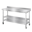 Table de travail en inox Bar 1400x500 mm avec 2 étagères inférieures et dosseret sur roulettes PREMIUM - GOLDINOX