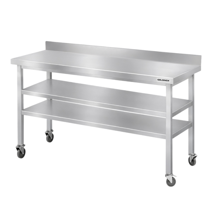 Table de travail en inox Bar 1400x700 mm avec 2 étagères inférieures et dosseret sur roulettes PREMIUM - GOLDINOX