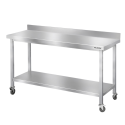 Table de travail en inox Bar 1400x700 mm avec 2 étagères inférieures et dosseret sur roulettes PREMIUM - GOLDINOX