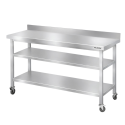 Table de travail en inox Bar 1500x800 mm avec 2 étagères inférieures et dosseret sur roulettes PREMIUM - GOLDINOX