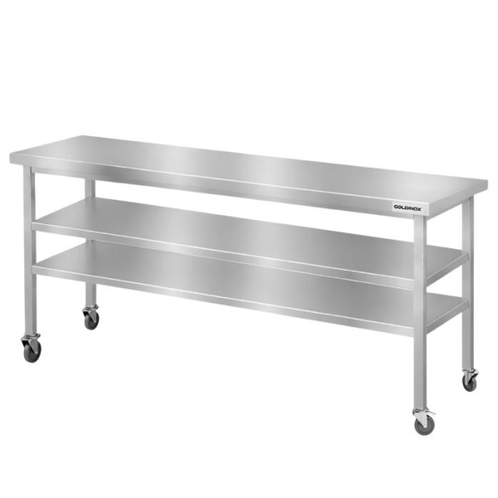 Table de travail en inox Bar 2000x600 mm avec 2 étagères inférieures sur roulettes PREMIUM - GOLDINOX