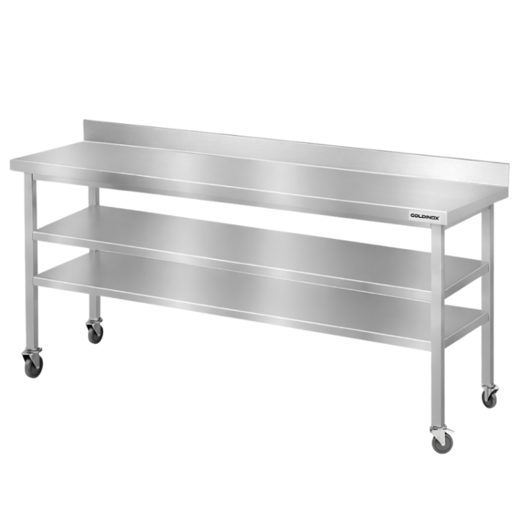 Table de travail en inox Bar 2000x700 mm avec 2 étagères inférieures et dosseret sur roulettes PREMIUM - GOLDINOX