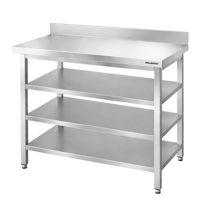 Table de travail en inox Bar 1000x500 mm avec 3 étagères inférieures et dosseret PREMIUM - GOLDINOX