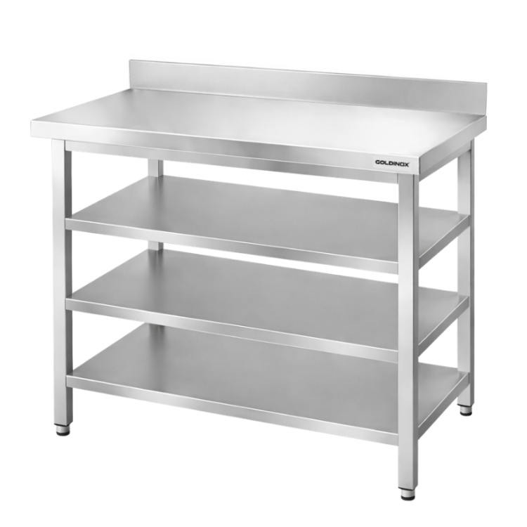 Table de travail en inox Bar 1200x500 mm avec 3 étagères inférieures et dosseret PREMIUM - GOLDINOX