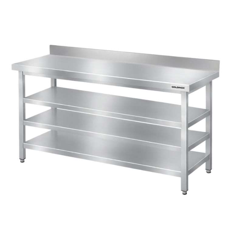 Table de travail en inox Bar 1500x700 mm avec 3 étagères inférieures et dosseret PREMIUM - GOLDINOX