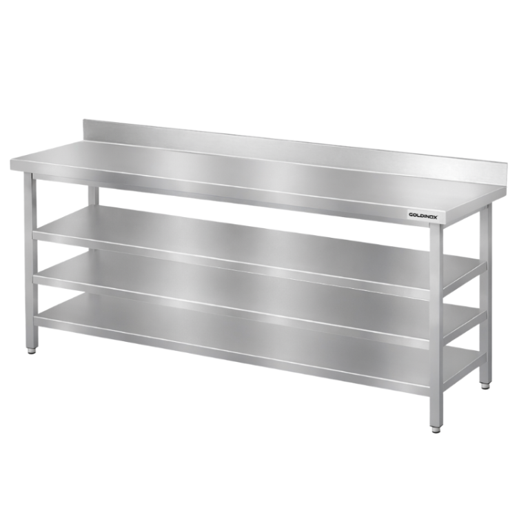 Table de travail en inox Bar 1800x700 mm avec 3 étagères inférieures et dosseret PREMIUM - GOLDINOX