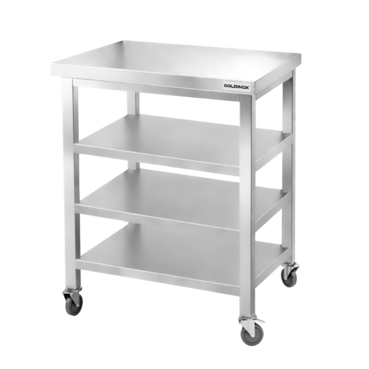 Table de travail en inox Bar 800x700 mm avec 3 étagères inférieures sur roulettes PREMIUM - GOLDINOX