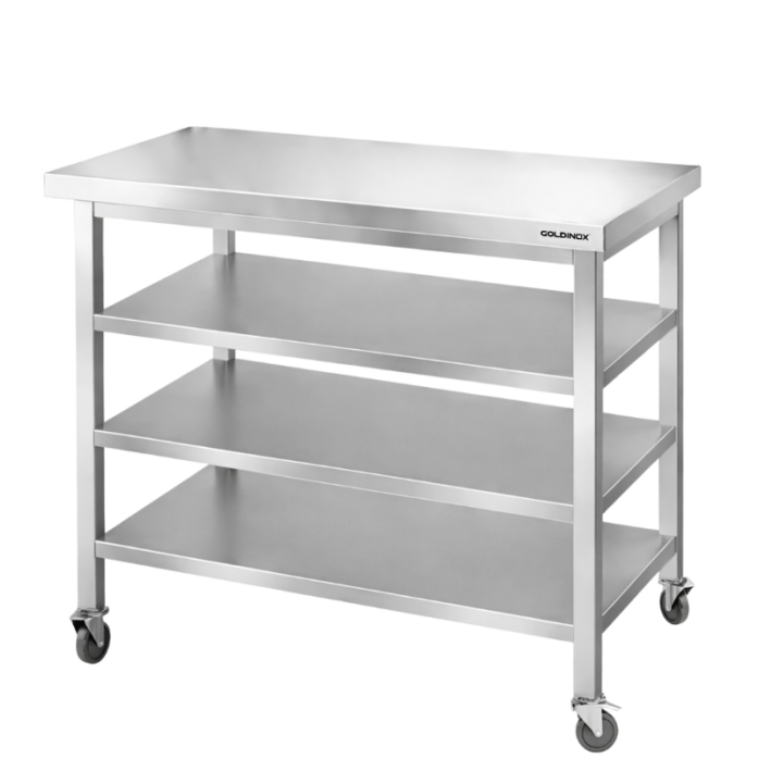 Table de travail en inox Bar 1000x800 mm avec 3 étagères inférieures sur roulettes PREMIUM - GOLDINOX