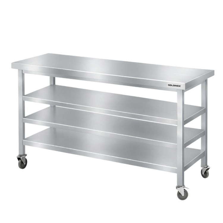 Table de travail en inox Bar 1400x700 mm avec 3 étagères inférieures sur roulettes PREMIUM - GOLDINOX
