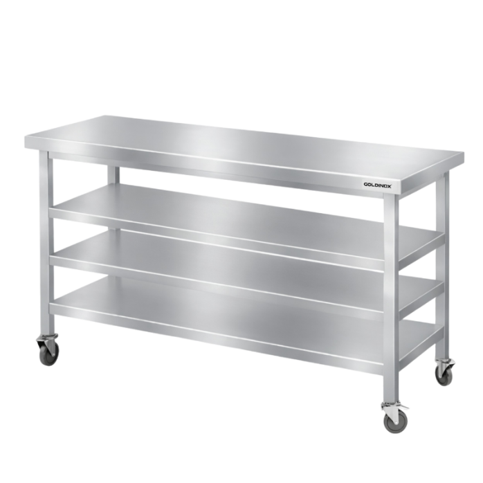 Table de travail en inox Bar 1600x700 mm avec 3 étagères inférieures sur roulettes PREMIUM - GOLDINOX