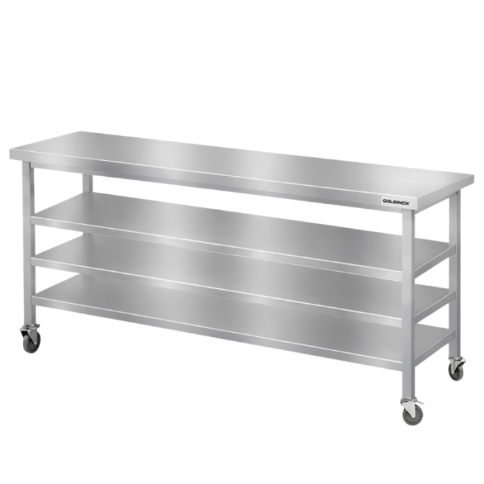 Table de travail en inox Bar 2000x700 mm avec 3 étagères inférieures sur roulettes PREMIUM - GOLDINOX