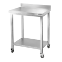 Table de travail en inox Bar 700x700 mm avec 2 étagères inférieures et dosseret sur roulettes PREMIUM - GOLDINOX