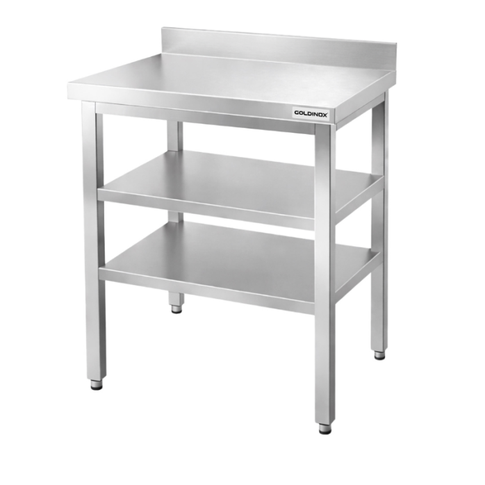 Table de travail en inox Bar 700x700 mm avec 2 étagères inférieures et dosseret PREMIUM - GOLDINOX