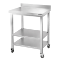 Table de travail en inox Bar 800x700 mm avec 3 étagères inférieures et dosseret sur roulettes PREMIUM - GOLDINOX