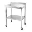 Table de travail en inox Bar 800x700 mm avec 3 étagères inférieures et dosseret sur roulettes PREMIUM - GOLDINOX