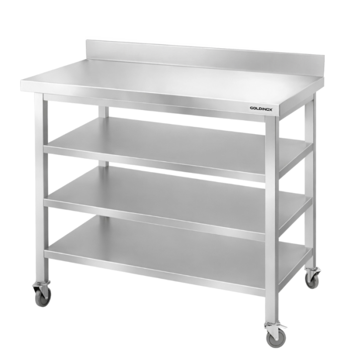 Table de travail en inox Bar 1000x600 mm avec 3 étagères inférieures et dosseret sur roulettes PREMIUM - GOLDINOX
