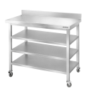 Table de travail en inox Bar 1000x700 mm avec 3 étagères inférieures et dosseret sur roulettes PREMIUM - GOLDINOX