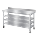 Table de travail en inox Bar 1400x700 mm avec 3 étagères inférieures et dosseret sur roulettes PREMIUM - GOLDINOX