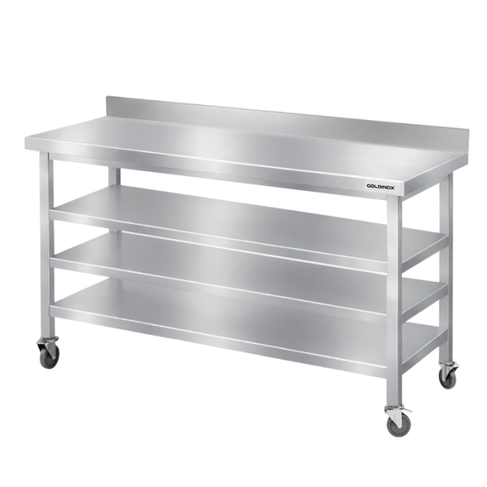 Table de travail en inox Bar 1500x800 mm avec 3 étagères inférieures et dosseret sur roulettes PREMIUM - GOLDINOX