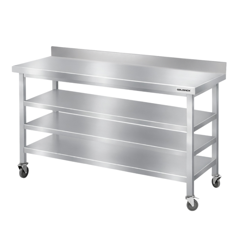 Table de travail en inox Bar 1600x700 mm avec 3 étagères inférieures et dosseret sur roulettes PREMIUM - GOLDINOX