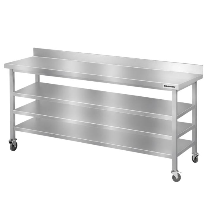 Table de travail en inox Bar 2000x700 mm avec 3 étagères inférieures et dosseret sur roulettes PREMIUM - GOLDINOX