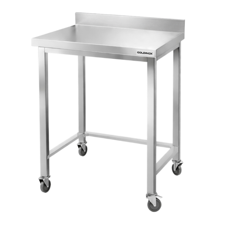 Table de travail en inox Bar 600x700 mm avec renfort et dosseret sur roulettes PREMIUM - GOLDINOX