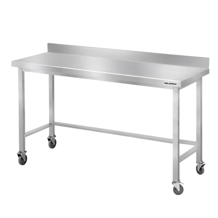 Table de travail en inox Bar 1400x700 mm avec renfort et dosseret sur roulettes PREMIUM - GOLDINOX