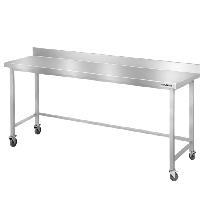 Table de travail en inox Bar 2000x600 mm avec renfort et dosseret sur roulettes PREMIUM - GOLDINOX