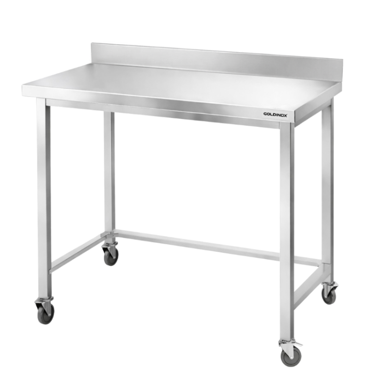 Table de travail en inox Bar 1200x700 mm avec renfort et dosseret sur roulettes PREMIUM - GOLDINOX