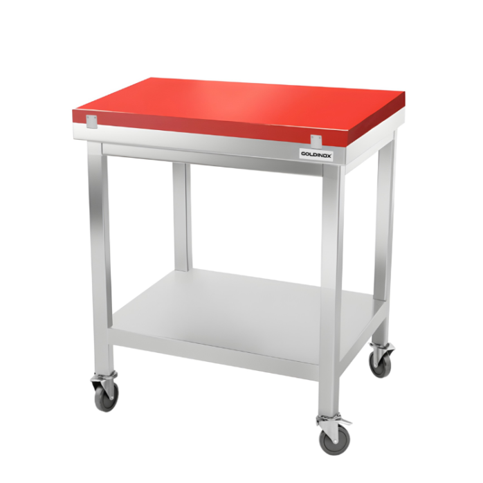 Table de travail en inox 700x600 mm avec plaque de découpe rouge sur roulettes PREMIUM - GOLDINOX