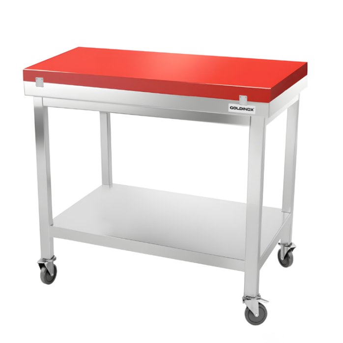 Table de travail en inox 1000x600 mm avec plaque de découpe rouge sur roulettes PREMIUM - GOLDINOX