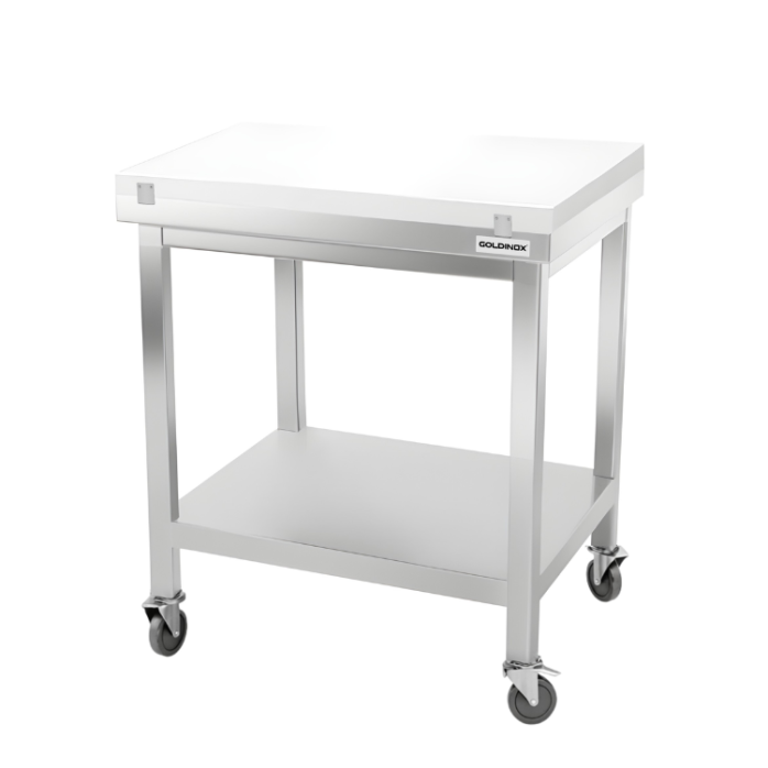 Table de travail en inox 800x700 mm avec plaque de découpe blanche sur roulettes PREMIUM - GOLDINOX
