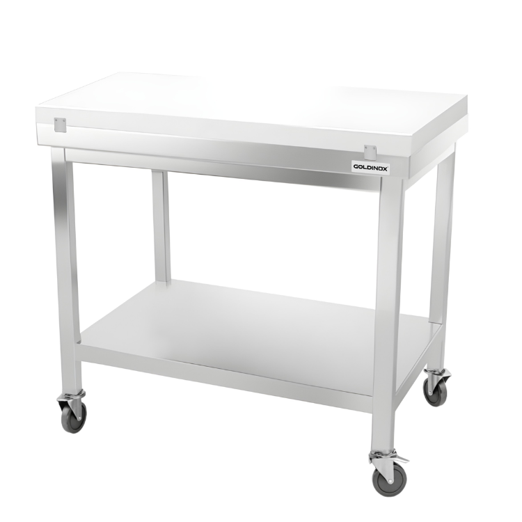 Table de travail en inox 1200x700 mm avec plaque de découpe blanche sur roulettes PREMIUM - GOLDINOX