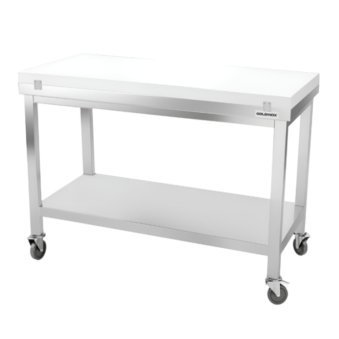 Table de travail en inox 1400x700 mm avec plaque de découpe blanche sur roulettes PREMIUM - GOLDINOX