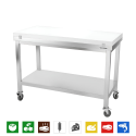Table de travail en inox 1400x700 mm avec plaque de découpe blanche sur roulettes PREMIUM - GOLDINOX