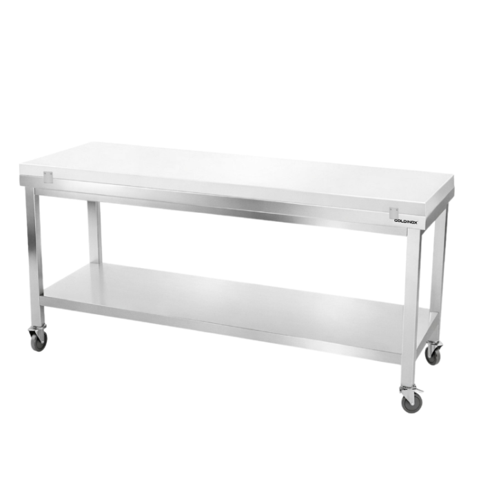 Table de travail en inox 2000x700 mm avec plaque de découpe blanche sur roulettes PREMIUM - GOLDINOX