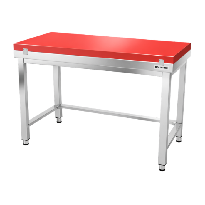 Table de travail en inox 1400x600 mm avec plaque de découpe rouge et renfort PREMIUM - GOLDINOX