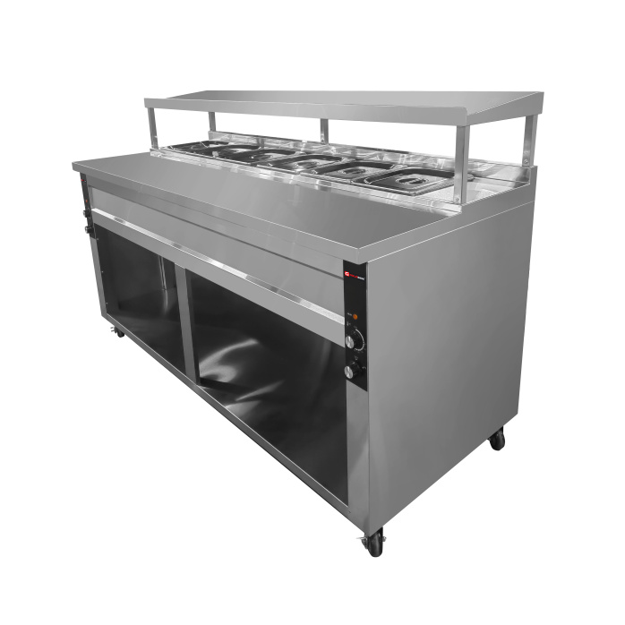 Table/Meuble de préparation à Tacos/Crousty 6 x GN 1/2 avec bain-marie intégré sur roulettes PREMIUM - GOLDINOX