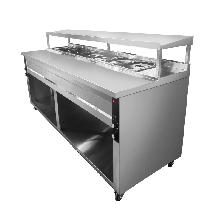 Table/Meuble de préparation à Tacos/Crousty 7 x GN 1/2 avec bain-marie intégré sur roulettes PREMIUM - GOLDINOX