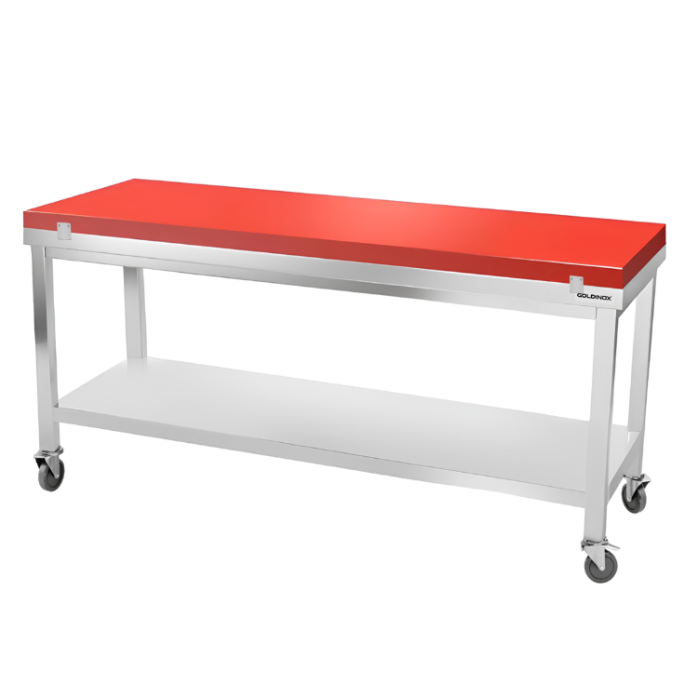Table de travail en inox 1800x600 mm avec plaque de découpe rouge sur roulettes PREMIUM - GOLDINOX