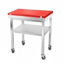 Table de travail en inox 600x600 mm avec plaque de découpe rouge et renfort sur roulettes PREMIUM - GOLDINOX