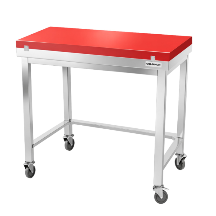 Table de travail en inox 1200x600 mm avec plaque de découpe rouge et renfort sur roulettes PREMIUM - GOLDINOX
