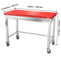 Table de travail en inox 1500x600 mm avec plaque de découpe rouge et renfort sur roulettes PREMIUM - GOLDINOX