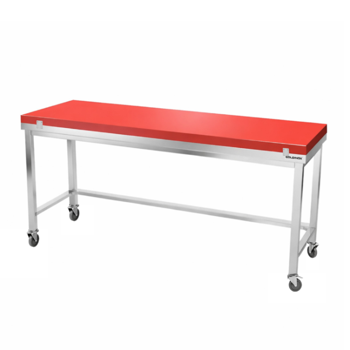 Table de travail en inox 1800x600 mm avec plaque de découpe rouge et renfort sur roulettes PREMIUM - GOLDINOX