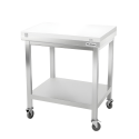 Table de travail en inox 700x600 mm avec plaque de découpe blanche et renfort sur roulettes PREMIUM - GOLDINOX