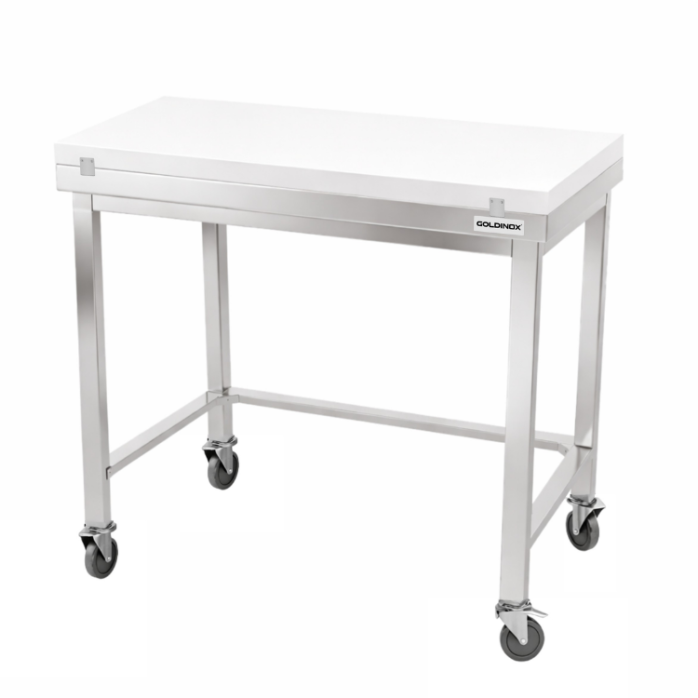 Table de travail en inox 1000x600 mm avec plaque de découpe blanche et renfort sur roulettes PREMIUM - GOLDINOX
